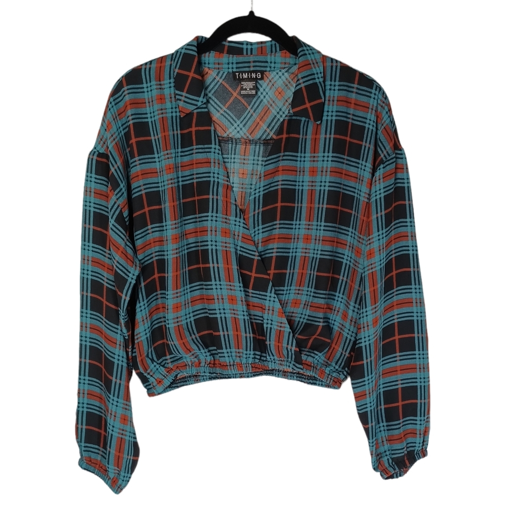 TIMING Blue Orange Plaid Print Semi Sheer Bubble Sleeve V Neck Top Medium